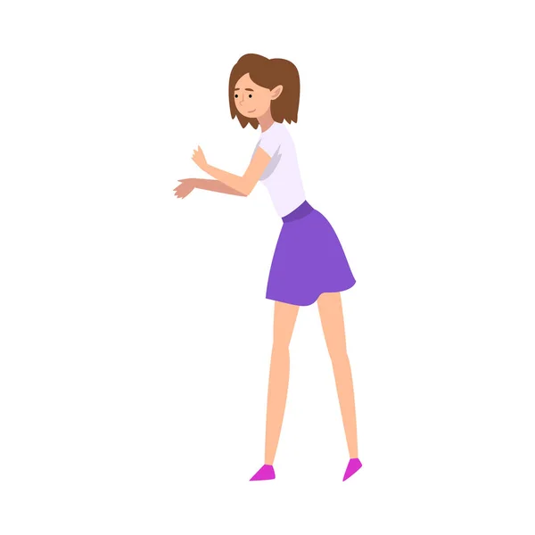 Mooie gelukkige jonge vrouw dragen witte blouse en rok cartoon vector illustratie — Stockvector