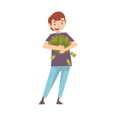 Para Lot ile Happy Wealthy Guy, Lucky Başarılı Zengin Kişi Vektör İllüstrasyon