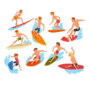 Erkek Surfers Karakterler Dalgalar Seti Sürme, Eğlence Plaj Su Sporları, Man Enjoy Yaz Tatil Vektör İllüstrasyon