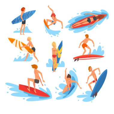 Erkek ve Kadın Surfers Karakterler Dalgalar Seti Sürme, Eğlence Beach Su Sporları, İnsanlar Yaz Tatil Vektör İllüstrasyon Enjoy