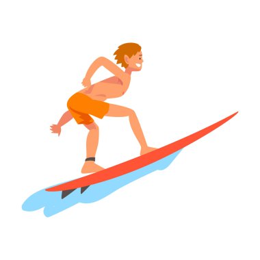 Guy Surfer Karakter Surfboard ile Ocean Wave Sürme, Eğlence Beach Su Sporları, Man Enjoy Yaz Tatil Vektör İllüstrasyon