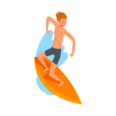 Surfboard ile Erkek Surfer Karakter Riding Dalgalar, Yaz Eğlence Plaj Su Spor Vektör İllüstrasyon