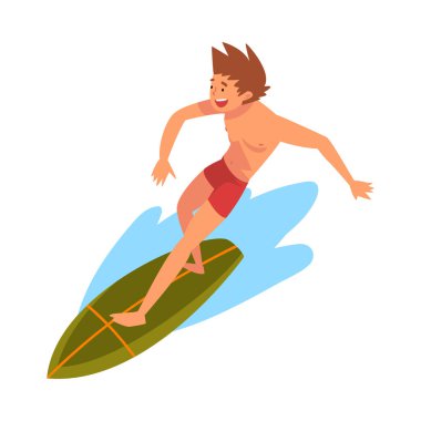 Guy Ocean Wave Sürme, Surfboard ile Şort Erkek Surfer Karakter, Eğlence Beach Su Sporları Vektör İllüstrasyon