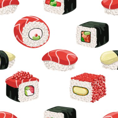 Suşi Dikişsiz Desen, Japon Gıda Bar veya Restoran Tasarım Elemanı Duvar Kağıdı, Ambalaj, Arka Plan Vektör İllüstrasyon için Kullanılabilir
