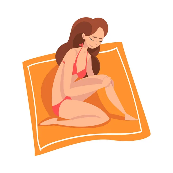 Beautiful Young Woman Sunbathing and Relaxing on Beach, Girl Enjoying Summer Vacation Vector Illustration — Stock Vector