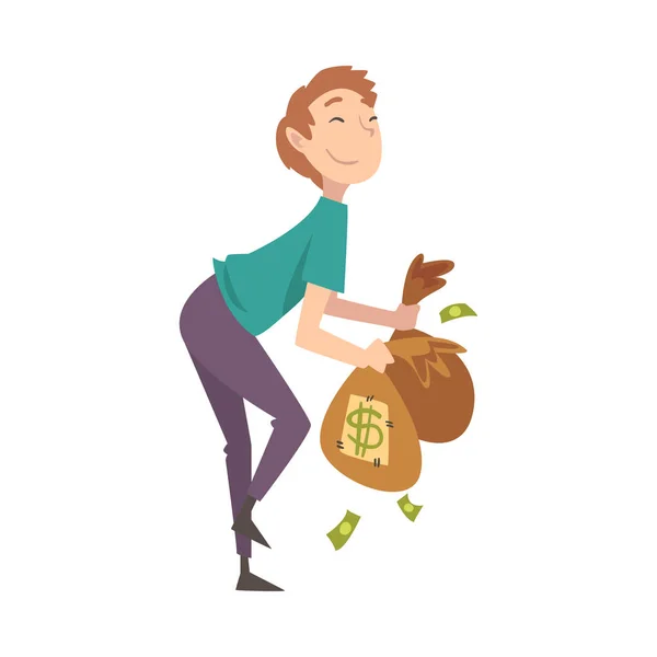 Szczęśliwy zamożny facet z torby pełne pieniędzy, szczęście udane Rich Person milioner wektor ilustracja — Wektor stockowy