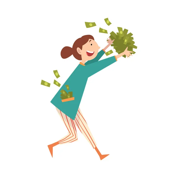 Gelukkig glimlachende rijke jonge vrouw met veel geld, Lucky succesvol Rich Girl vector illustratie — Stockvector