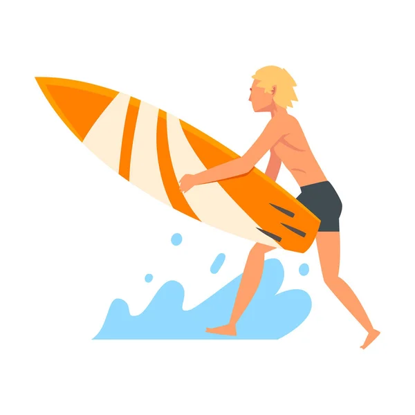 Guy Surfer Character with Surfboard, Recreational Beach Water Sport, Man Enjoying Summer Vacation Vector Illustration