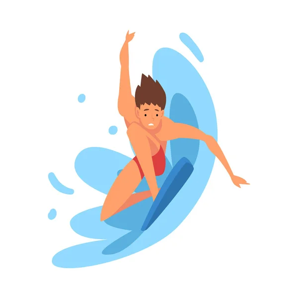 Surfista Masculino Character Riding Waves, Cara com prancha de surf, Desporto aquático recreativo de praia, Homem desfrutando de férias de verão Vector Ilustração — Vetor de Stock