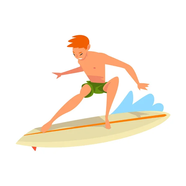 Guy Cavalcando su Ocean Wave, personaggio surfista maschile in pantaloncini con tavola da surf, Sport acquatici da spiaggia ricreativi, Uomo che gode di vacanza estiva Vector Illustrazione — Vettoriale Stock