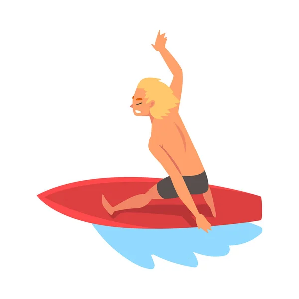 Guy Surfer Carácter Cabalgando en Ocean Wave con tabla de surf, Verano Recreativo Playa Deporte Acuático Vector Ilustración — Vector de stock