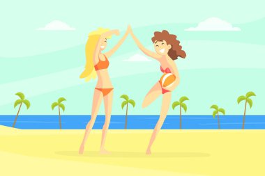 Plajda Eğlenmek Mayolar Happy Girls, Son Zevk Yaz Tatili Vektör İllüstrasyon