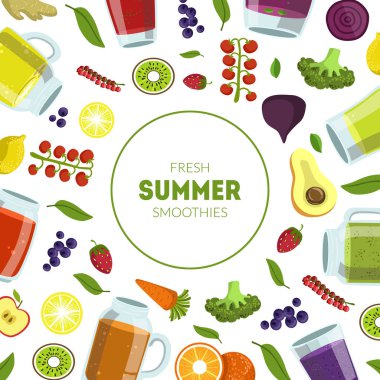 Taze Yaz Smoothies Banner Şablon Organik Sebzeler, Meyve ve Çilek Dikişsiz Desen, Doğal Vejetaryen Sağlıklı Gıda, Davet, Kart, Poster veya Flyer Vektör İllüstrasyon ile