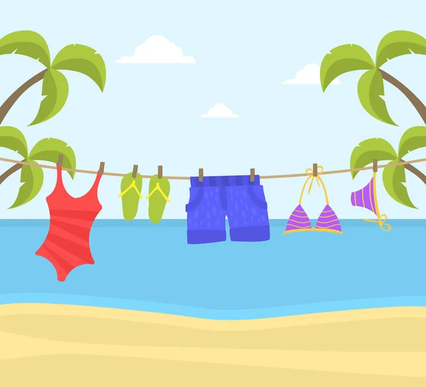 Strandkläder hängande på rep, badkläder och flip flops på en klädstreck på vackra Seaside landskap backround vektor illustration — Stock vektor