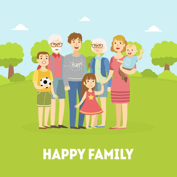 Happy Family, Father, Mother, Grandfather, Grandmother and Children Posing Together on Nature Background Vector Illustration