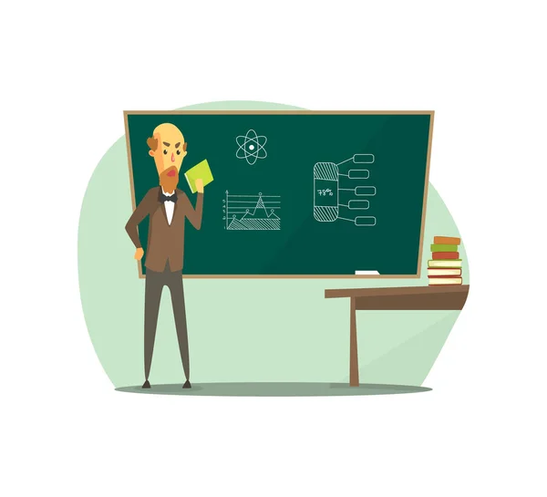 Professor stående framför Blackboard med bok på händerna, Senior lärare studenter i klassrummet på School Vector illustration — Stock vektor