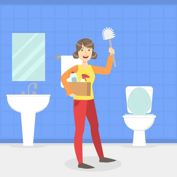 Ibu rumah tangga membersihkan Kamar Mandi dan Toilet dengan Brush, Layanan Pembersihan Pekerja, Lavatory Room Interector Illustration - Stok Vektor