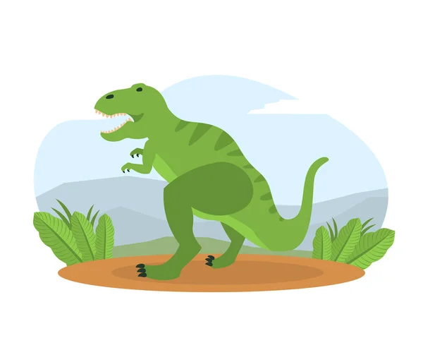 Tyrannosaurus en el paisaje de montaña, animales prehistóricos en la naturaleza Vector Illustration — Vector de stock