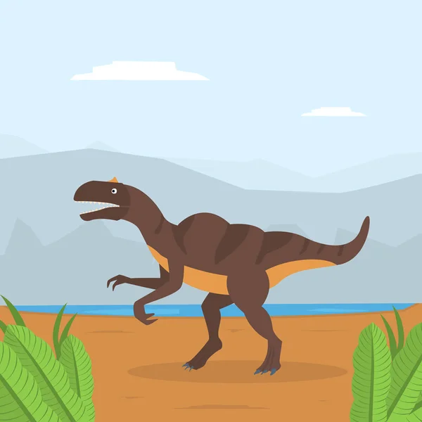 Dinosaurio en el paisaje de montaña, animal prehistórico en la naturaleza Vector Ilustración — Vector de stock