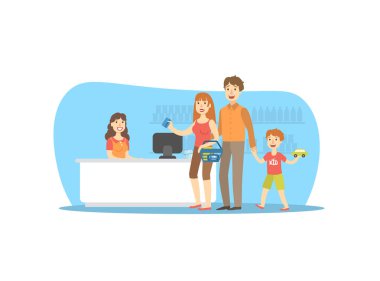 Süpermarkette Mutlu Aile Alışverişi, Gülümseyen Perakende Kadın Kasiyer, Kart Vektör İllüstrasyon ile Alışveriş ler Için Anne Ödeme