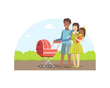 Onların Toddler Kızı ve Bebek Park Açık Yürüyüş ile Neşeli Irklararası Ebeveynler, Baba Bebek Arabası Taşıyan, Anne Onun Küçük Kızı Holding, Mutlu Aile Vektör İllüstrasyon