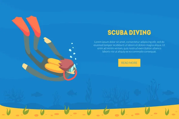 Scuba Diving Landing Page Template, Diver in Swimming Suit, Flippers and Mask Swimming Under Water Vector Illustration — Stock Vector