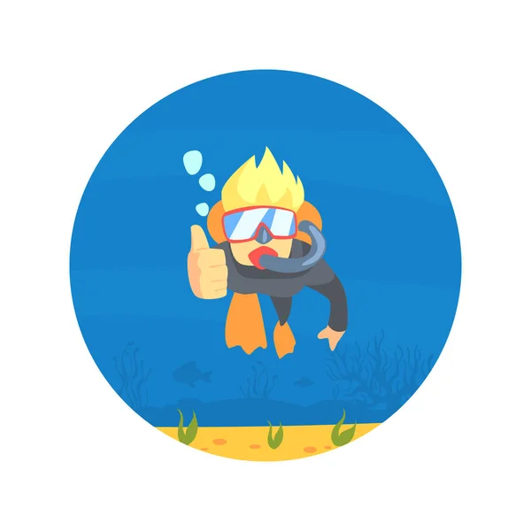 Immersioni subacquee in costume da bagno, Flipper e maschera nuoto, Uomo che mostra pollici, Sport subacqueo, Hobby Vector Illustrazione — Vettoriale Stock