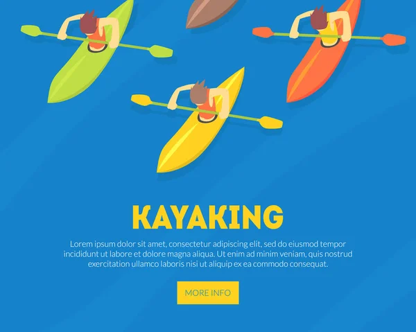Kayak Water Sport Landing Page Template, Athletes Paddling Kayaks, Extreme Sport Vector Illustration — Archivo Imágenes Vectoriales
