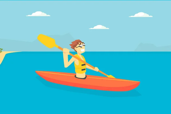 Hombre remando Kayak, Hombre turista pasar vacaciones activas en la playa, Kayak deportes acuáticos Vector Ilustración — Archivo Imágenes Vectoriales