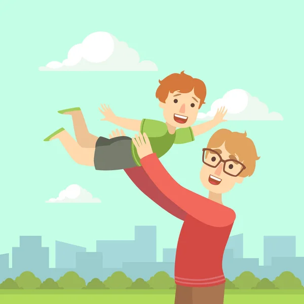 Happy Dad Holding Smiling Son on His Hands, Father and His Child Having Good Time Together, Happy Family Vector Illustration