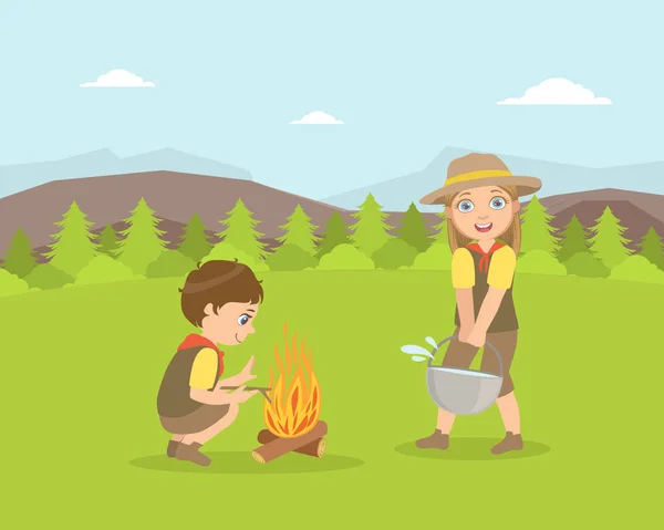 Kids Scouts Characters in Uniform Camping Next to Campfire on Nature Landscape, Kids Cooking Food on Bonfire Vector Illustration — Stock Vector