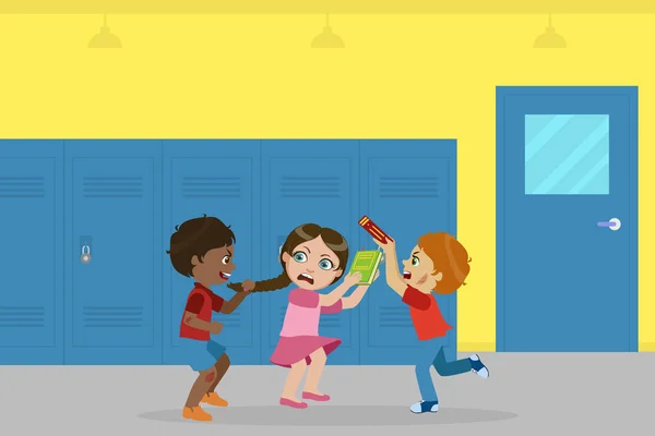 Boy and Girl Fighting for Ball, Bad Behavior, Conflict Between Kids, Mockery, Bullying at School Vector Illustration — Stock Vector