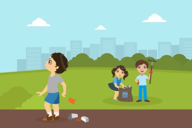 Erkek ve Kız Toplama Çöp Parkta, Bully Boy Sokak Vektör İllüstrasyon Çöp Atma