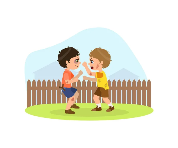 Two Aggressive Boys Fighting, Bad Behavior, Conflict Between Kids Vector Illustration — Stock Vector