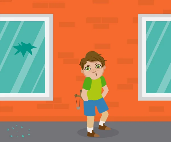 Rüpel-Junge mit Schleuder, der vor eingestürztem Fenster steht, Dummkopf-Kind, Vektor-Illustration für schlechtes Benehmen — Stockvektor