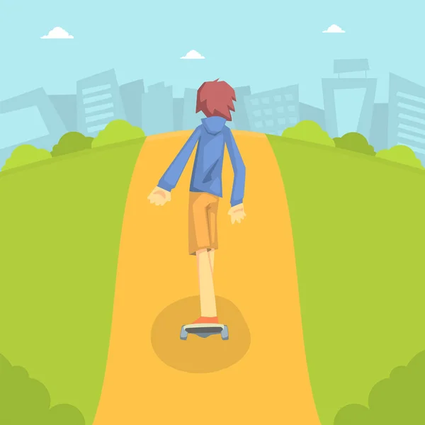 Teen Boy in Baseball Cap Riding Skateboard Outdoor with Cityscape Background Vector Illustration — Stock Vector