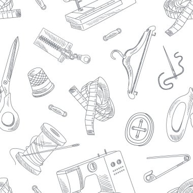 El Çizilmiş Dikiş Aksesuarları Dikişsiz Desen, İğne, Monokrom Tasarım Elemanı Duvar Kağıdı, Ambalaj, Arka Plan Vektör Illustratio için Kullanılabilir