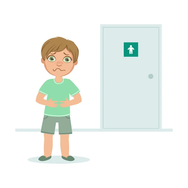 Boy teljes hólyag akarnak pisilni, Kid Standing előtt WC-ajtó Vector illusztráció — Stock Vector