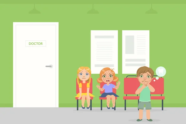 Wachtruimte voor kinderen in het ziekenhuis, zieke kinderen zitten op stoelen en wachten op arts onderzoek vector illustratie — Stockvector