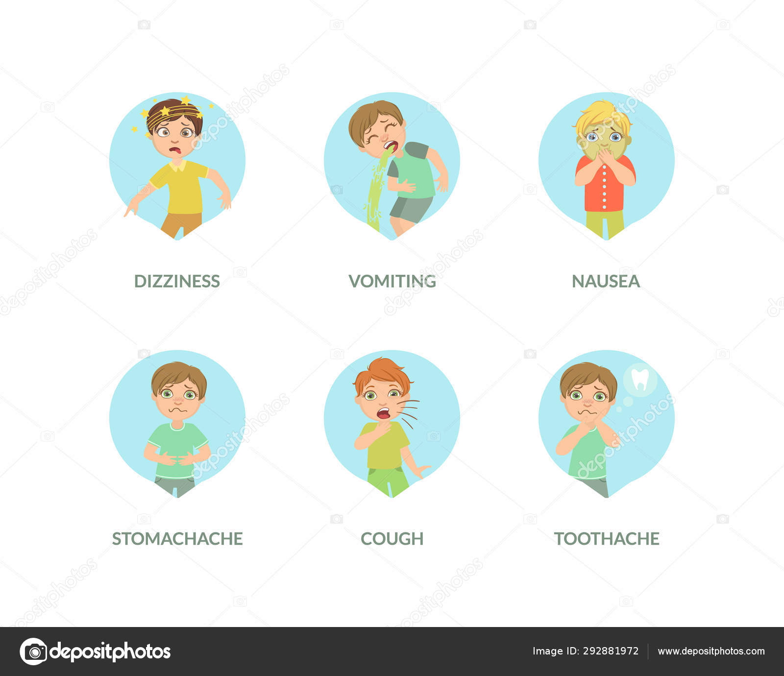 Cute Boy Suffering from Different Symptoms Set, Dizziness, Vomiting