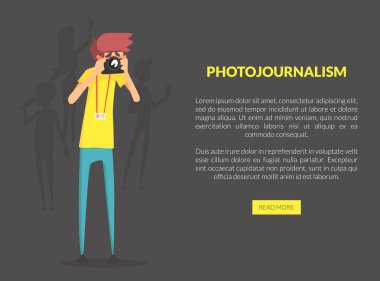 Metin için Alan ile Photojournalism Açılış Sayfası Şablonu, Profesyonel Fotoğrafçı Fotoğraf Kamera Vektör İllüstrasyon ile Resim Çekme