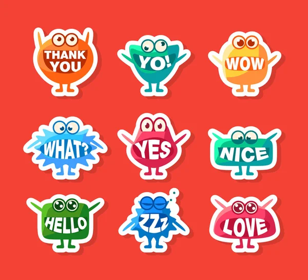 Niedliche Monster Aufkleber-Set, lustige bunte Emoji-Zeichen mit Wörtern im Mund Vektor-Illustration — Stockvektor