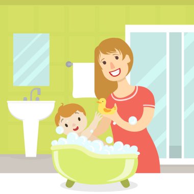 Anne Köpük Dolu Küvette Oğlunu Yıkıyor, Evde Günlük Yaşamda Anne ve Oğlu, Mobilya Vektör İllüstrasyon ile Banyo İç