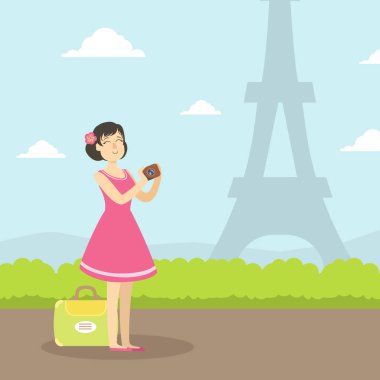 Kadın Turist Gezi ve Eyfel Kulesi Fotoğraf Çekme, Kız Yaz Tatilinde Seyahat, Vektör İllüstrasyon