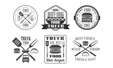 Gıda Kamyon Retro Logo Şablonlar Seti, Taze ve Lezzetli Fast Food Vintage Monokrom Etiketler Vektör İllüstrasyon