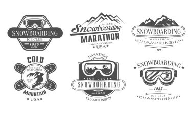 Snowboard Şampiyonası, Maraton Retro Logo Şablonları Seti, Soğuk Kar Dağı Vintage Monokrom Etiketler Vektör İllüstrasyon