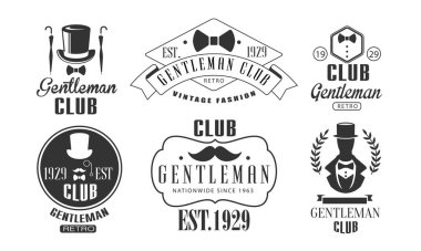 Gentleman Club Vintage Logo Şablonları Seti, Retro Moda Kulübü Monokrom Amblemler Vektör İllüstrasyon