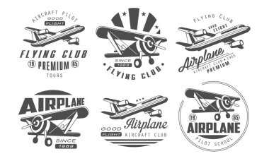 Flying Club Premium Logo Şablonları Seti, Retro Havacılık Uçak Kulübü Monokrom Rozetleri Vektör İllüstrasyon