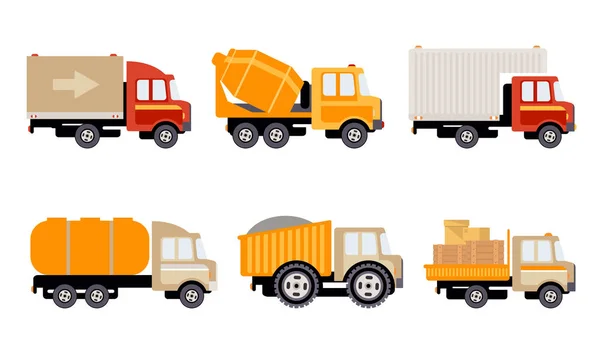 Carico, costruzione e macchinari specializzati per il set di trasporto, consegna camion vettoriale illustrazione — Vettoriale Stock