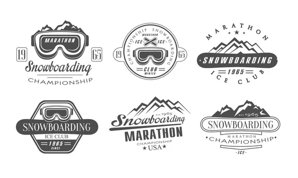 Snowboarden Championship, marathon retro logo sjablonen set, Ice club Vintage monochroom etiketten vector illustratie — Stockvector